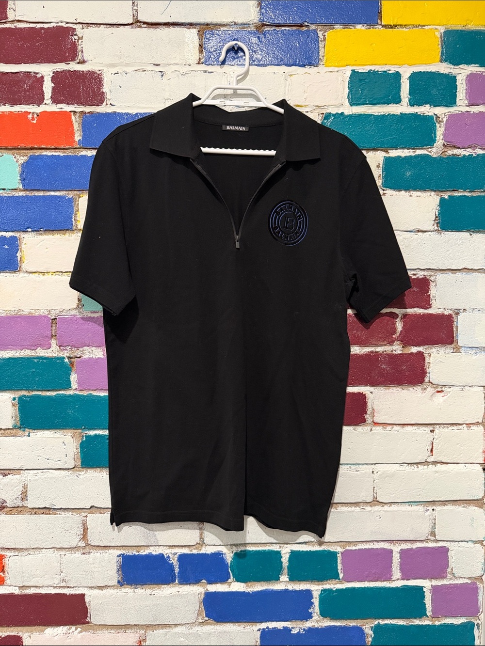 Balmain Black Short-Sleeve Zip Polo with Embossed Crest
